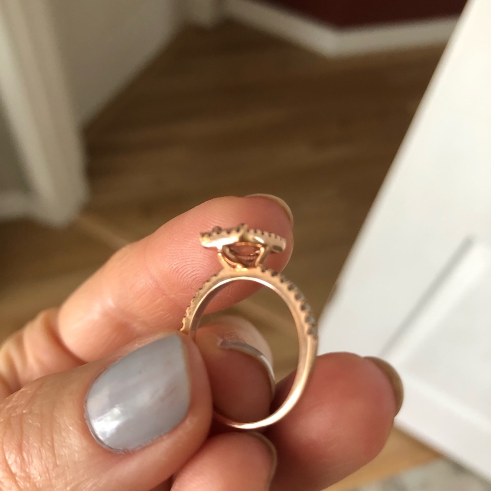 14k rose gold, diamond and emerald cut peach sapphire engagement ring - Picture 10 of 16
